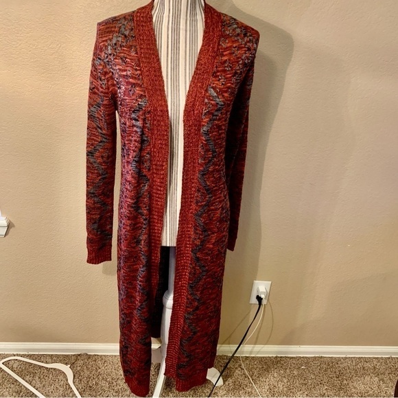 Cato Sweaters - Cato Cardigan Small Open Duster Burgundy Grey Geometric Pattern Ribbed Trim
